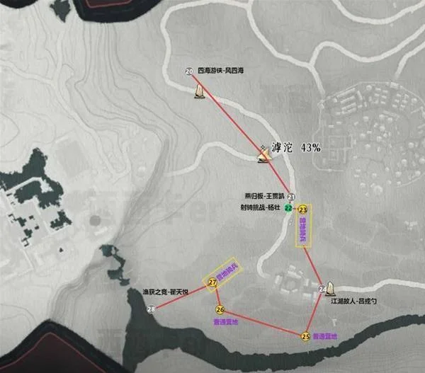 封龙山北侧与河岸方向的编号路线和图示标记
