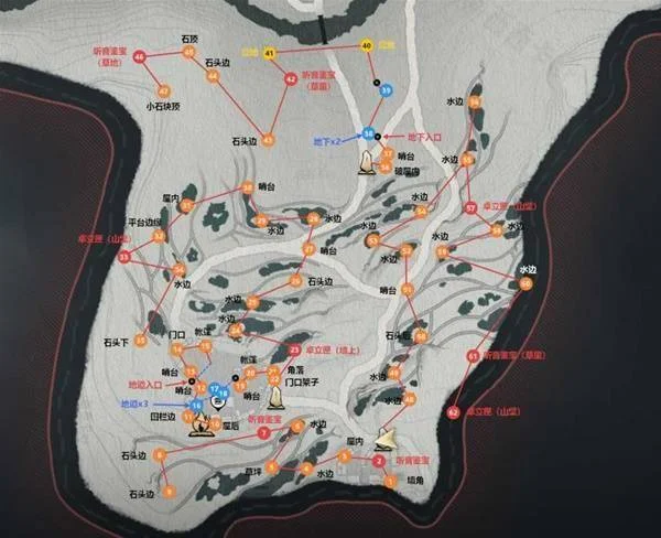 耘丘探索图:橙色标记与路线参照